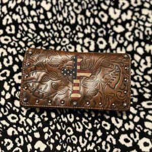 Shyanne Brown Leather Wallet/Wristlet with Cross Cut Out & American Flag Fabric.